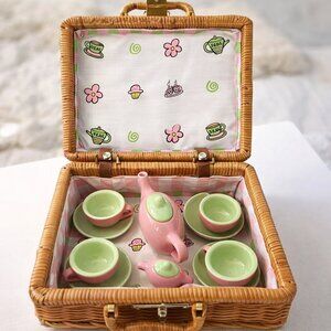 Vintage Kids Tea Set Pink Green Ceramic Wicker Basket